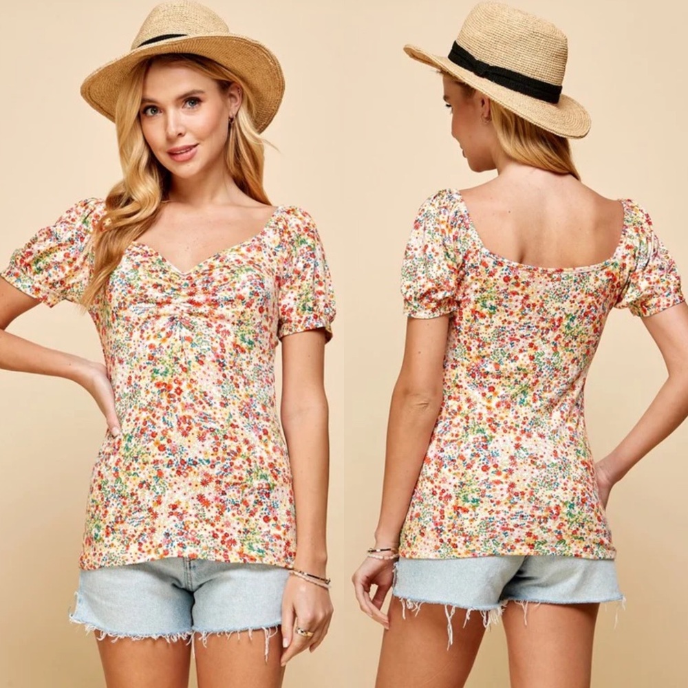 LES AMIS 90s Y2K Fairycore Puffy Sleeve Ruched V-Neck Top Large.